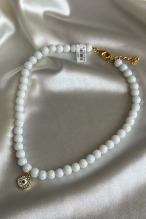 שרשרת חרוזים לבנים תליון עין