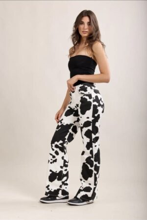 ג'ינס נשים הדפס מנומר משולב ניטים, אופנת נשים ייבוא מפריז