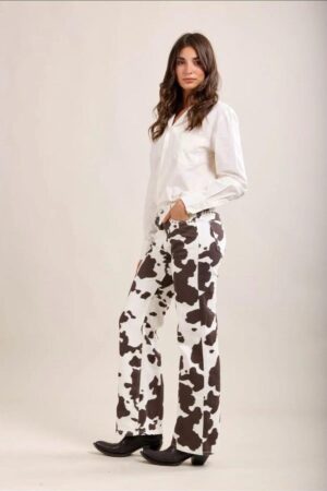 ג'ינס נשים הדפס מנומר משולב ניטים, אופנת נשים ייבוא מפריז