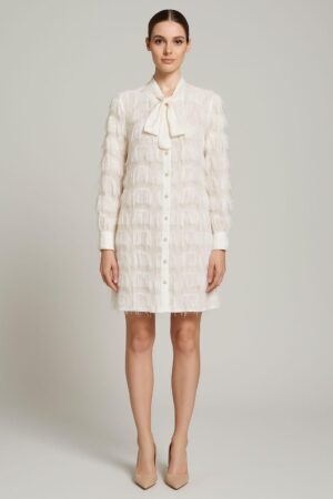 שמלת מיני לבנה לנשים עם עניבת פפיון, טקסטורה מעוצבת ייבוא מפריז