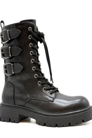 מגפי דמוי עור בצבע שחור בשילוב שרוכים ואבזמים לנשים RQY148