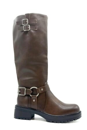 מגפי ברך נשים דמוי עור, אבזמים כפולים וטבעת מתכת , סוליית טרקטור דמוי עור איכותי ML507