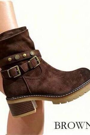 מגפי בוקרים קצרים לנשים עם ניטים דקורטיביים, דמוי זמש איכותי ייבוא מאיטליה MS5405