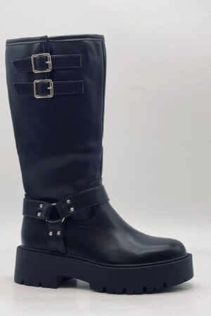 מגפי ברך נשים חום דמוי עור, אבזמים כפולים וסוליית טרקטור D8196