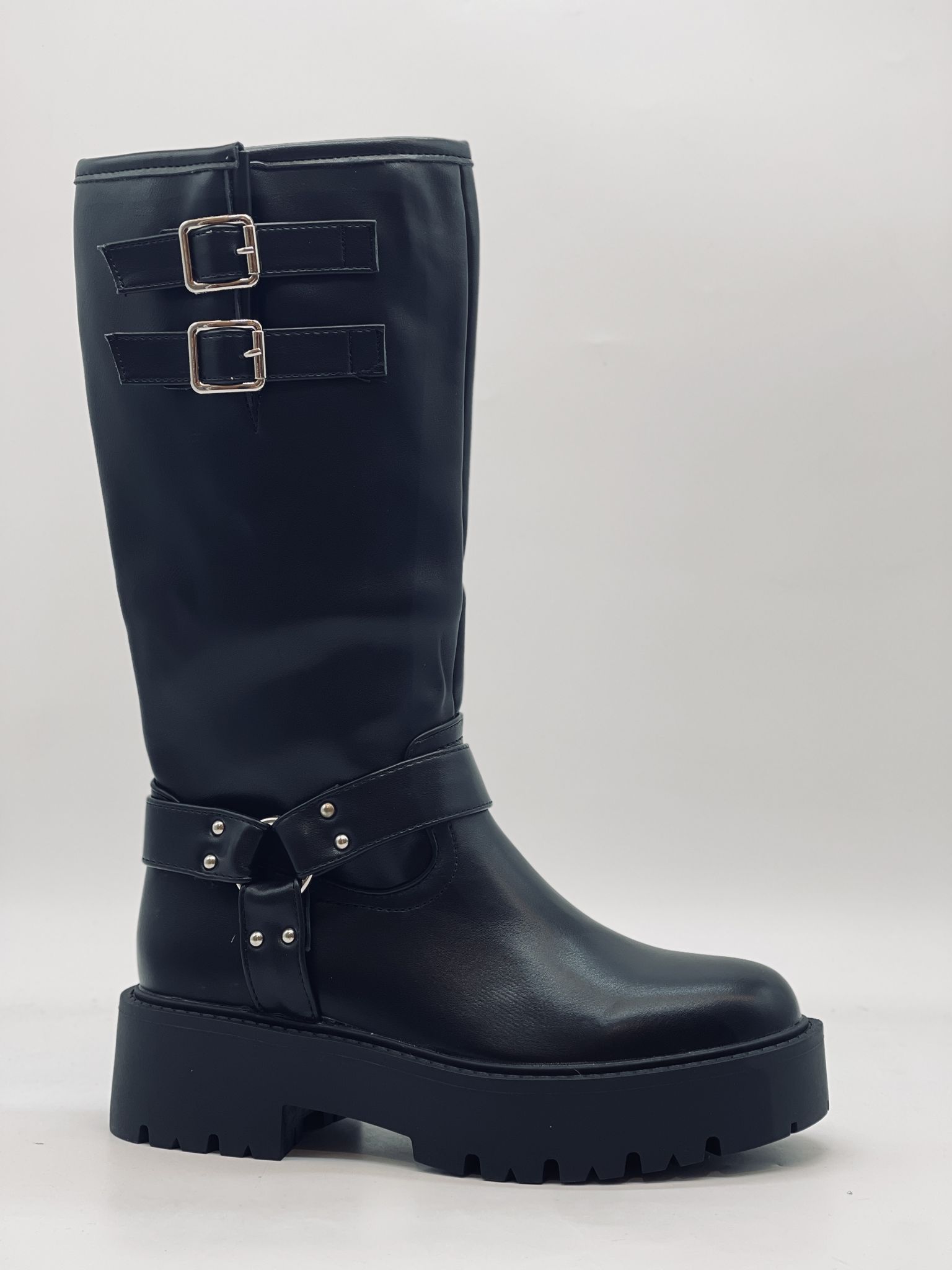 מגפי ברך נשים חום דמוי עור, אבזמים כפולים וסוליית טרקטור D8196