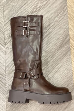 מגפי ברך נשים חום דמוי עור, אבזמים כפולים וסוליית טרקטור D8196