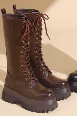 מגף גבוה YL272 איטלקי דמוי עור - מגפי פלטפורמה עם שרוכים לנשים | שחור / חום