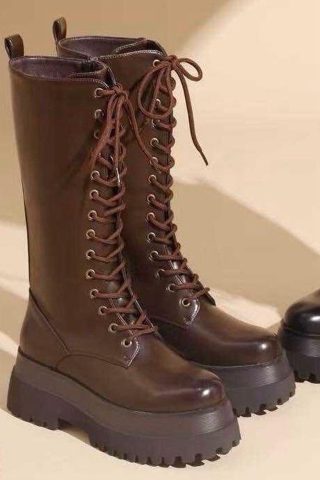 מגף גבוה YL272 איטלקי דמוי עור - מגפי פלטפורמה עם שרוכים לנשים | שחור / חום