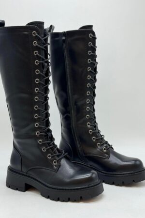 מגף גבוה YL272 איטלקי דמוי עור - מגפי פלטפורמה עם שרוכים לנשים | שחור / חום