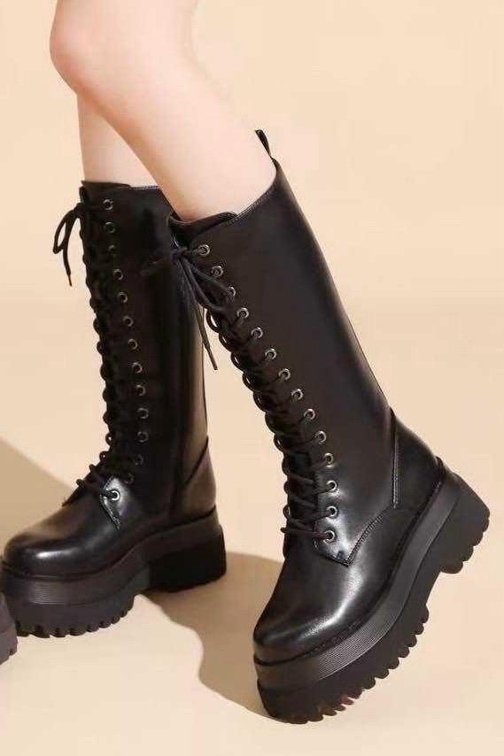 מגף גבוה YL272 איטלקי דמוי עור - מגפי פלטפורמה עם שרוכים לנשים | שחור / חום – תמונה 2