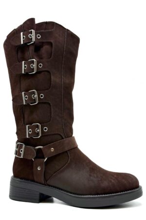 מגף A797 גבוה איטלקי דמוי זמש חום - מגפיים עם אבזמים וחיתוכים לנשים