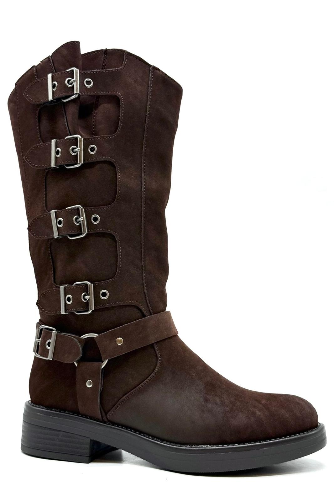 מגף A797 גבוה איטלקי דמוי זמש חום - מגפיים עם אבזמים וחיתוכים לנשים