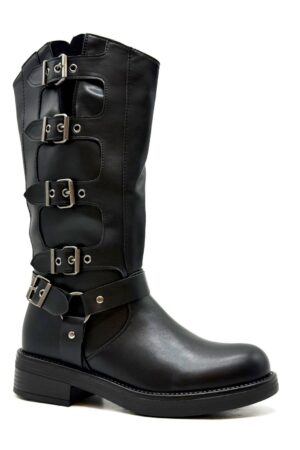 מגף A797 גבוה איטלקי דמוי עור שחור - מגפיים עם אבזמים וחיתוכים צדדיים לנשים