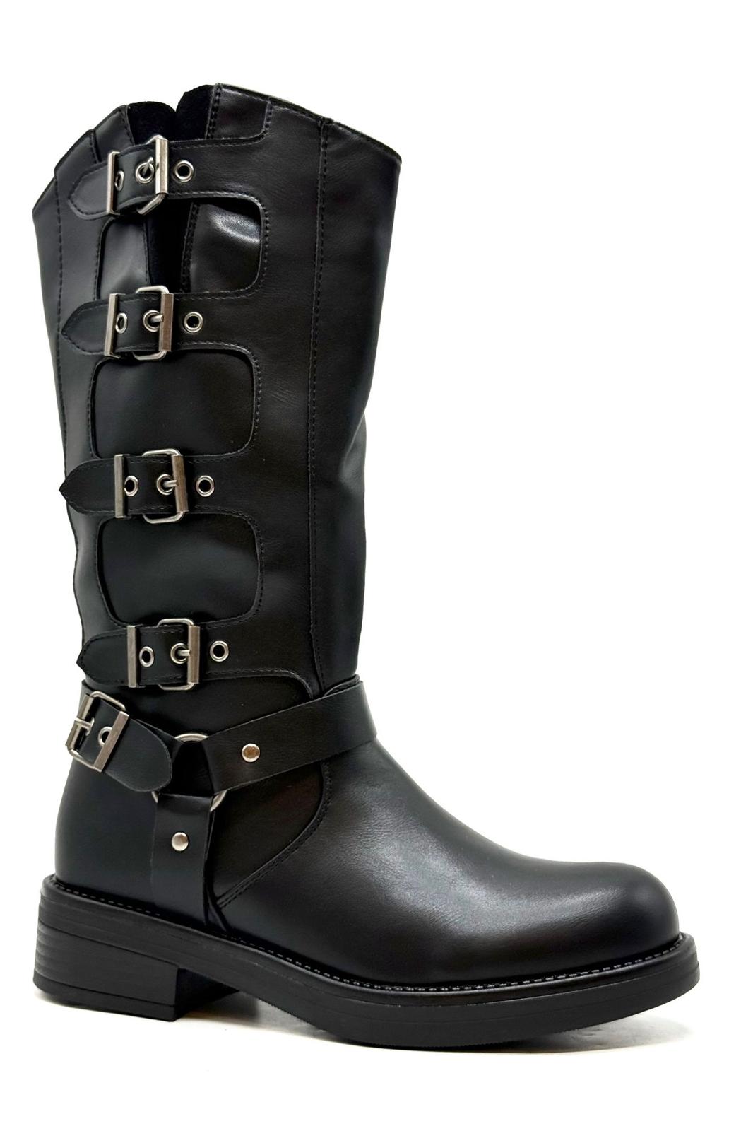 מגף A797 גבוה איטלקי דמוי זמש חום - מגפיים עם אבזמים וחיתוכים לנשים – תמונה 3