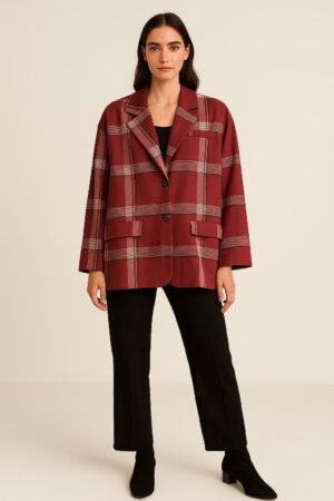 ז'קט בלייזר נשים משובץ בורדו גזרת אוברסייז מחויטת, אופנת נשים