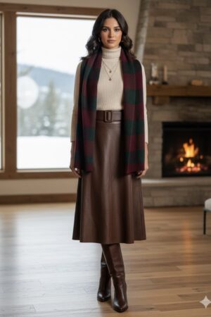 חצאית מידי נשים דמוי עור עם חגורה, גזרה מחטבת ייבוא מאיטליה