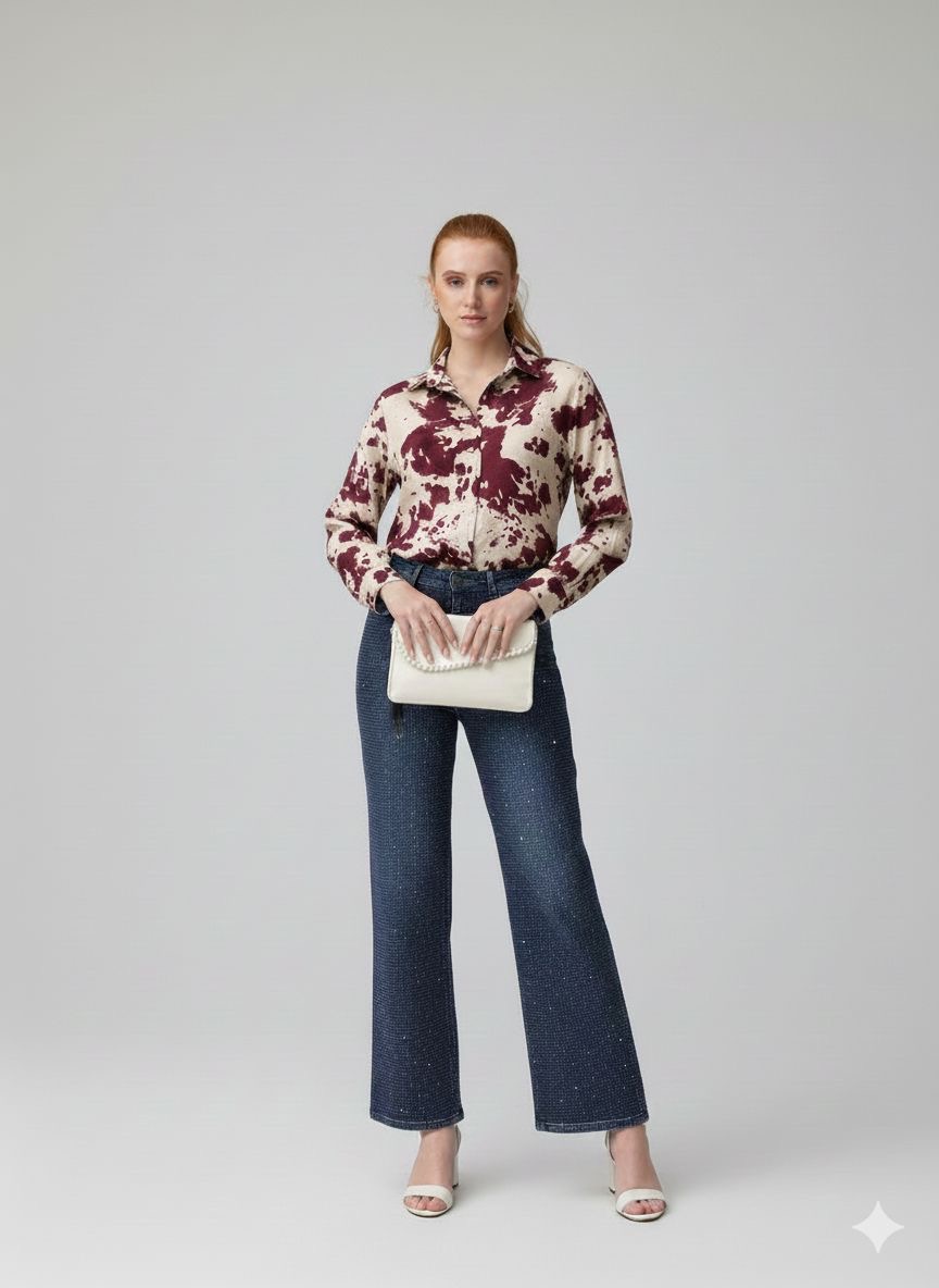 חולצת כפתורים מכופתרת בהדפס אבסטרקט לנשים ייבוא מפריז – תמונה 2