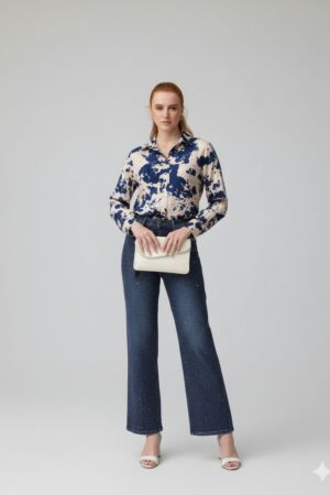 חולצת כפתורים מכופתרת בהדפס אבסטרקט לנשים ייבוא מפריז