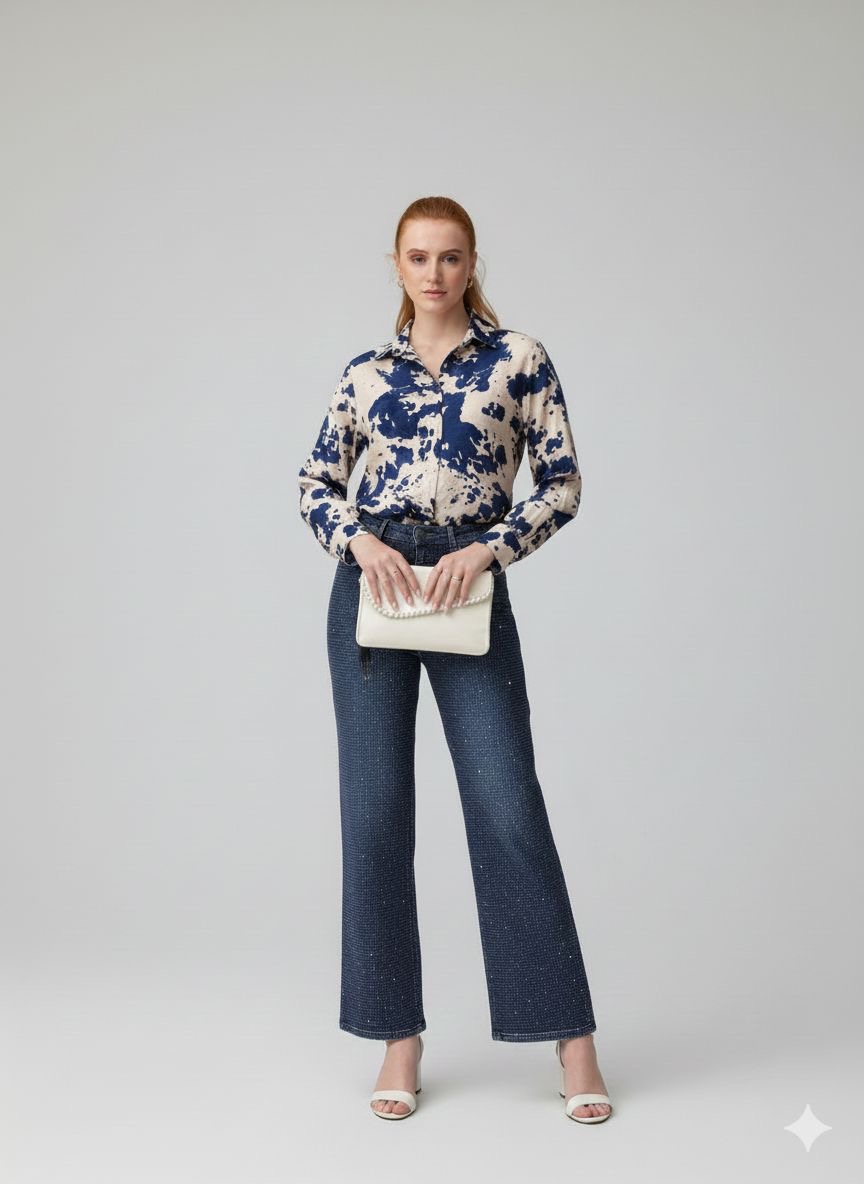 חולצת כפתורים מכופתרת בהדפס אבסטרקט לנשים ייבוא מפריז