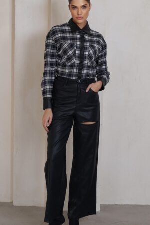 חולצה משבצות שילוב דמוי עור