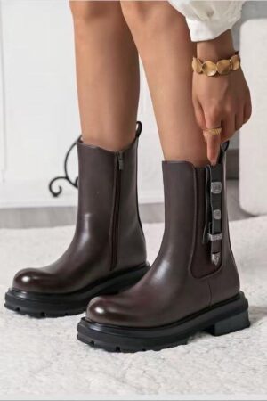 מגפוני נשים פלטפורמה דמוי עור עם אבזמים בעיצוב איטלקי  A995