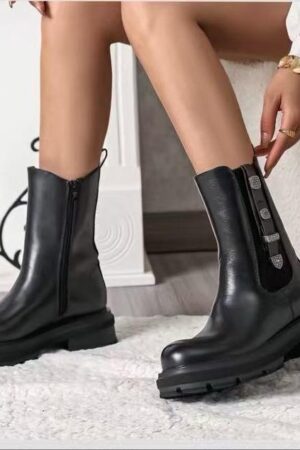 מגפוני נשים פלטפורמה דמוי עור עם אבזמים בעיצוב איטלקי  A995