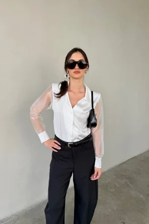 JOYAME מכופתרת ריץ' שילוב בד שיפון