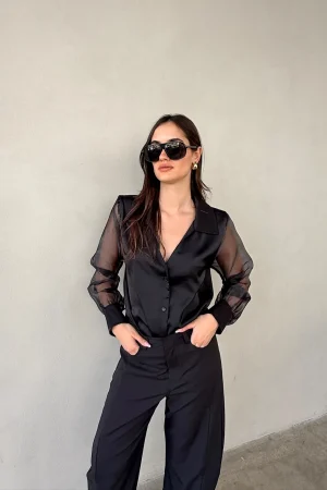 JOYAME מכופתרת ריץ' שילוב בד שיפון